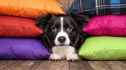 Playful dog hiding among colorful cushions cozy home setting pet photography indoor environment adorable perspective