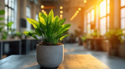 Fototapeta premium Potted plant on office table, sunset through windows.