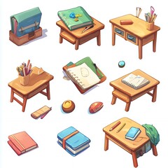 Cute Cartoon School Desk and Stationery Set Illustrations