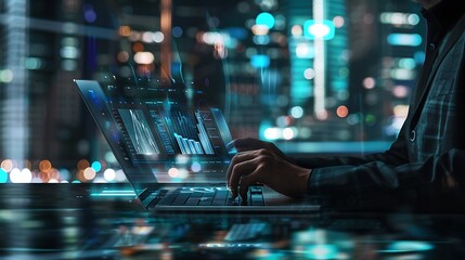 Close up of male hands typing on laptop keyboard with glowing graphs and charts