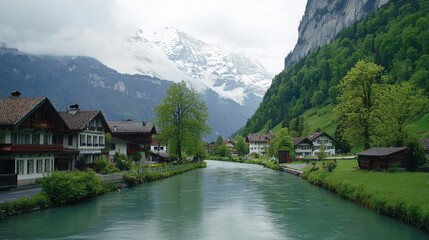 Fototapeta premium Serene Alpine Landscape with River and Mountain Views in Switzerland