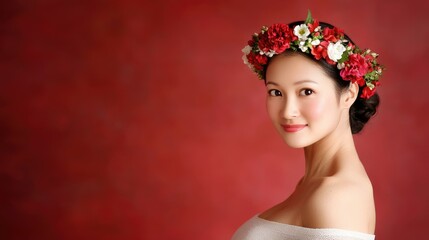 Graceful portrait of a young woman with floral crown studio setting photography soft lighting elegant beauty