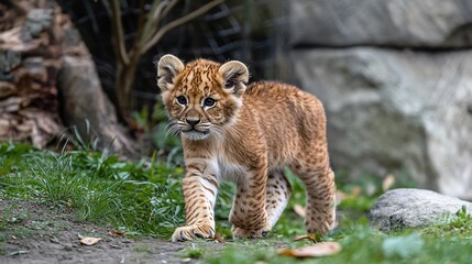Obraz premium Adorable lion cub walking on grass.