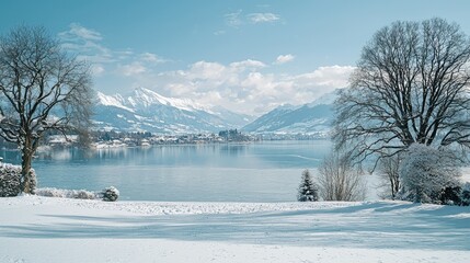 Serene Winter Landscape with Snow-Covered Trees and Lake View
