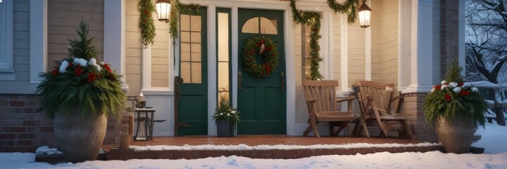 A beautiful snow-covered front porch with a festive holiday wreath and garlands of greenery, cold weather, winter flowers, wintery scene