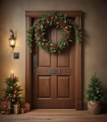 Fototapeta premium A beautifully decorated wooden door with a festive Christmas wreath made from natural elements , holly , festive, decoration