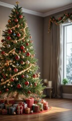 a beautifully decorated Christmas tree with ornaments and garlands, sparkling lights, holiday cheer