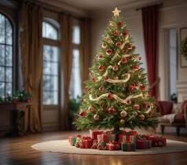 A beautifully decorated Christmas tree with ornaments, holiday tree decor, twinkling lights