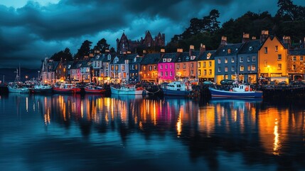 Fototapeta premium Vibrant Coastal Town with Colorful Buildings and Tranquil Water Reflections