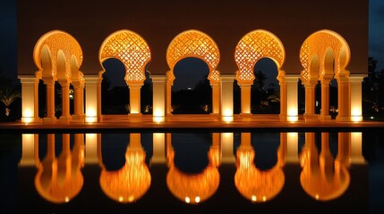 Illuminated Moroccan Archway Reflecting in Water