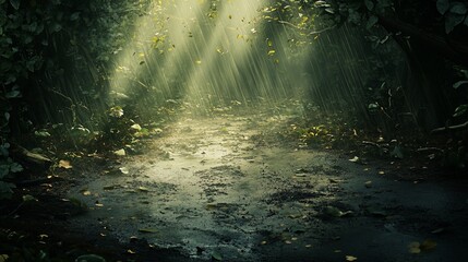 Obraz premium Rain in a dark forest path.
