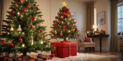 A beautifully decorated Christmas tree with a vibrant red box on top of it, holiday cheer, garlands, vibrant red box