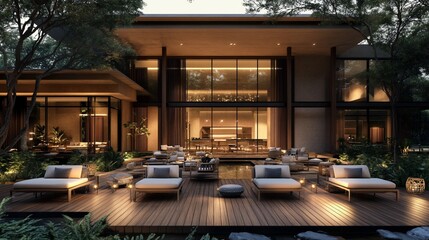 Modern house with outdoor lounge area at dusk.