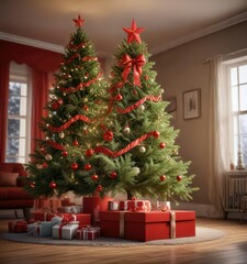 A beautiful Christmas tree with a large red box, large red box, evergreen trees, festive lights