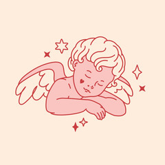 Adorable retro line art of a sleeping pink baby angel. Perfect for Valentine's Day, lovely girly tattoos. Coquette print exudes love and cuteness, heartfelt love