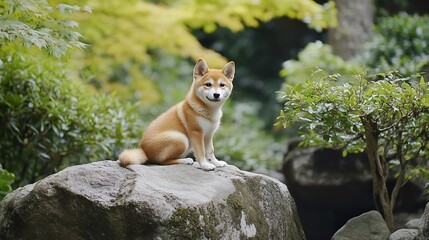 Adorable Shiba Inu puppy sitting on a rock in a lush green garden.