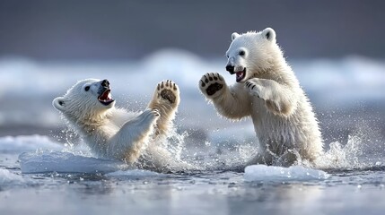 Playful Polar Bears Splashing in the Arctic Ocean Ice Water