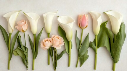 Fototapeta premium Flat lay of calla lilies, roses, and tulips arranged on a light gray background.