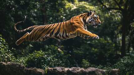 Majestic Tiger Leaping Through Lush Green Jungle Environment