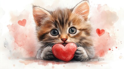 Charming Watercolor Cat Design for Nursery Art and Valentine's Day