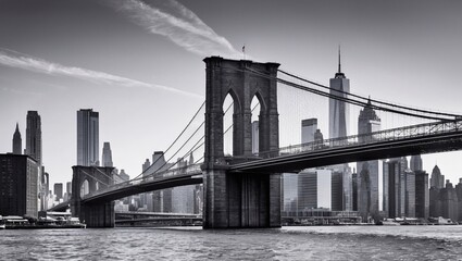 Ein erstaunliches und unvergessliches Bild der Brooklyn Bridge mit der Skyline von Manhattan im Hintergrund und einem Blick auf die Skyline der Stadt am Wasser von der Brooklyn Bridge aus.