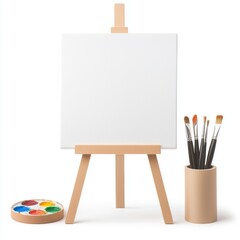 Blank canvas on wooden easel with paintbrushes and watercolor palette