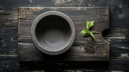 One clean, unadorned molcajete on a dark wooden board.