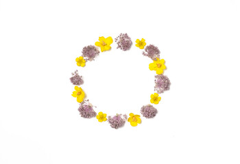 Wreath of flowers on white background. Flat lay, top view. Copy space