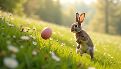Bunny catching an Easter egg on a grassy field