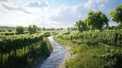 Fototapeta premium Serene Vineyard Landscape with Stream and Lush Greenery