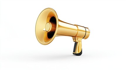 Shiny Golden Megaphone on White Background for Communication and Public Speaking - Isolated Object Stock Photo