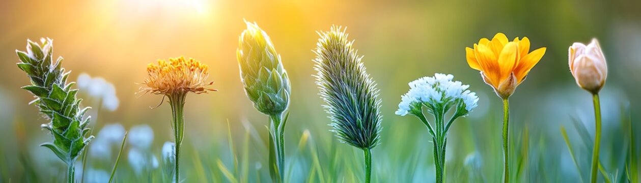 De la graine a la fleur etapes de croissance dune paquerette, soleil eclatant et fond vert naturel, evolution lente