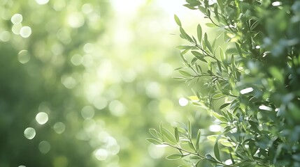 Obraz premium Green leaves backlit by sunlight in a blurred natural setting
