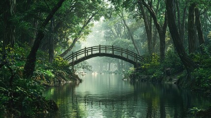 Fototapeta premium Serene Forest Scene with Bridge Over Calm Water at Dawn Light