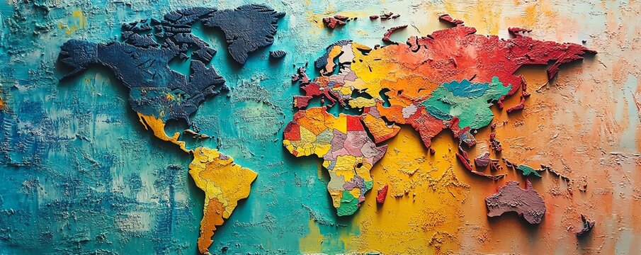 Design unique de carte du monde avec tampons de passeport multicolores, texture detaillee, style exploration, isole sur fond neutre
