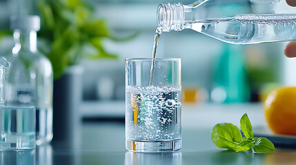Scientist pouring water into a glass laboratory beverage preparation modern workspace close-up experimental process for clarity