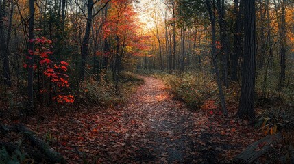Fototapeta premium Autumn Pathway Through Forest with Vibrant Fall Foliage Colors