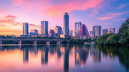 Fototapeta premium Vibrant Sunset Over Austin Skyline Reflected in Calm Water