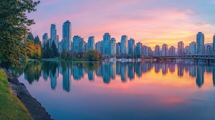 Stunning Sunset Reflection Over Urban Skyline in Vancouver, Canada