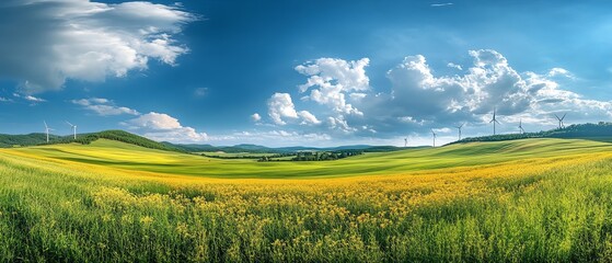 Fototapeta premium Panorama of wind turbines stretching across a green and yellow field, wind energy and nature working together