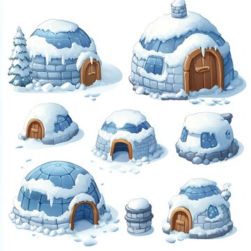 Adorable Snow Igloo Houses Winter Scene Illustrations