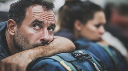 Frustrated travelers with luggage waiting at a crowded airport terminal, showcasing the challenges of modern travel and transportation delays.