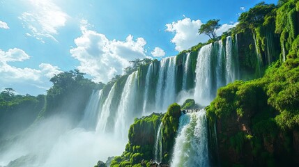 Fototapeta premium Majestic Waterfall: Lush Greenery, Cascading Water, Serene Landscape