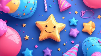 Fototapeta premium Fun cartoon birthday motifs like stars, hats, and balloons.