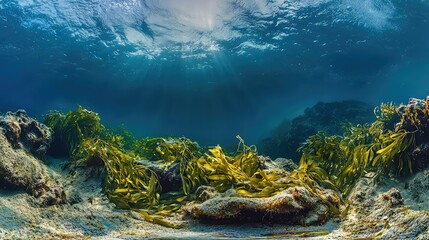 Underwater Scene with Seaweed and Sunlight Filtering Through Water