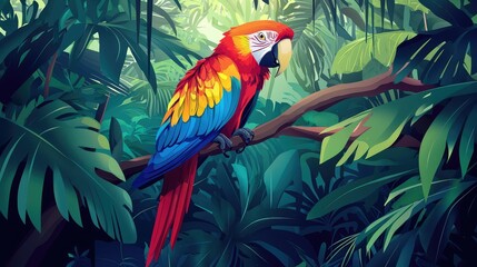 Vibrant Tropical Parrot Perched Among Lush Greenery in Jungle