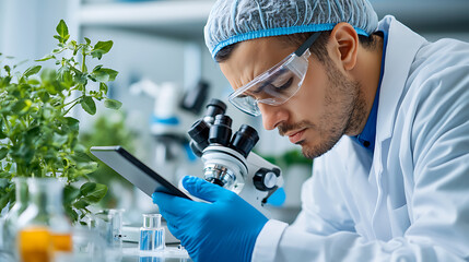 Technician analyzing data with tablet in sterile laboratory science environment high-resolution content digital research focused viewpoint for innovative solutions