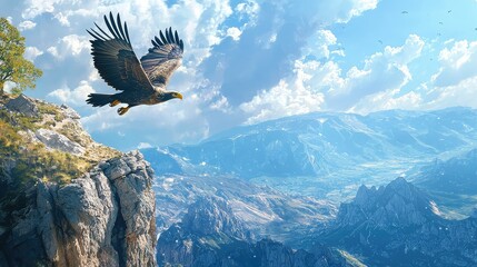 Majestic Eagle Soaring Over Serene Mountain Landscape in Daylight