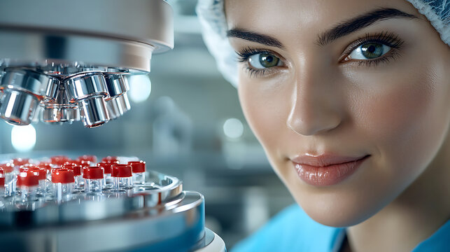 Technician operating centrifuge in advanced laboratory scientific research facility photography cleanroom environment close-up viewpoint precision in action