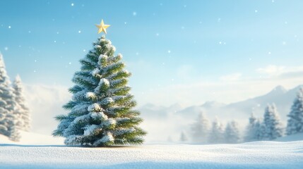 Fototapeta premium A snowy landscape featuring a decorated Christmas tree under a clear blue sky.
